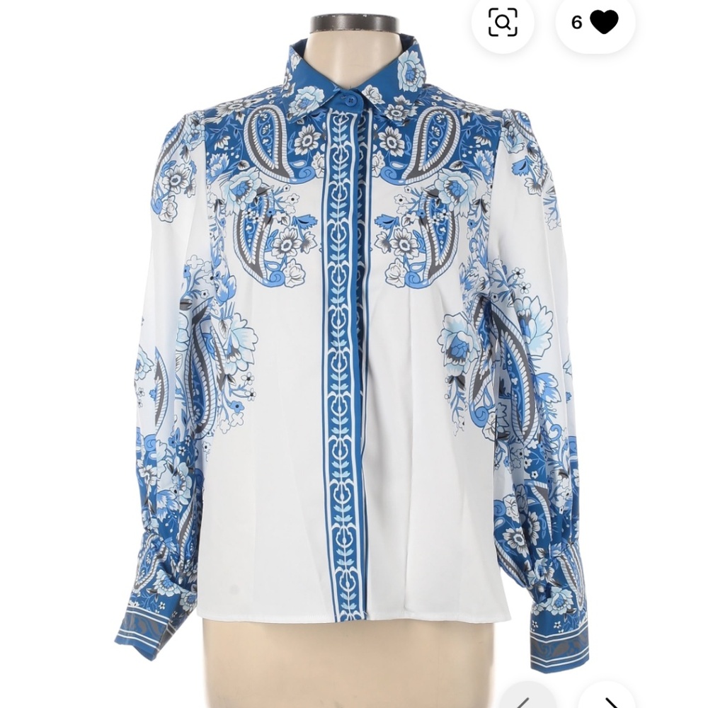Blue & White Paisley Button-Up Blouse